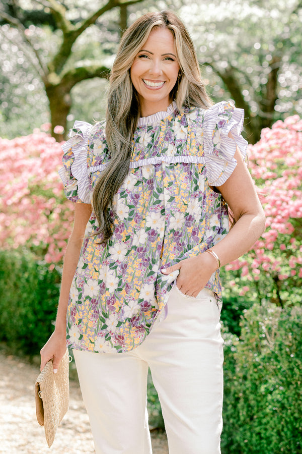 Chic Soul plus size clothing, purple floral short sleeve mock neck op with ruffle along sleeves and chest and neckline