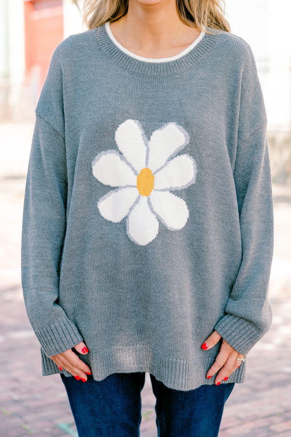 Chic Soul plus size clothing, long sleeve gray sweater with a daisy graphic on the center of the sweater  
