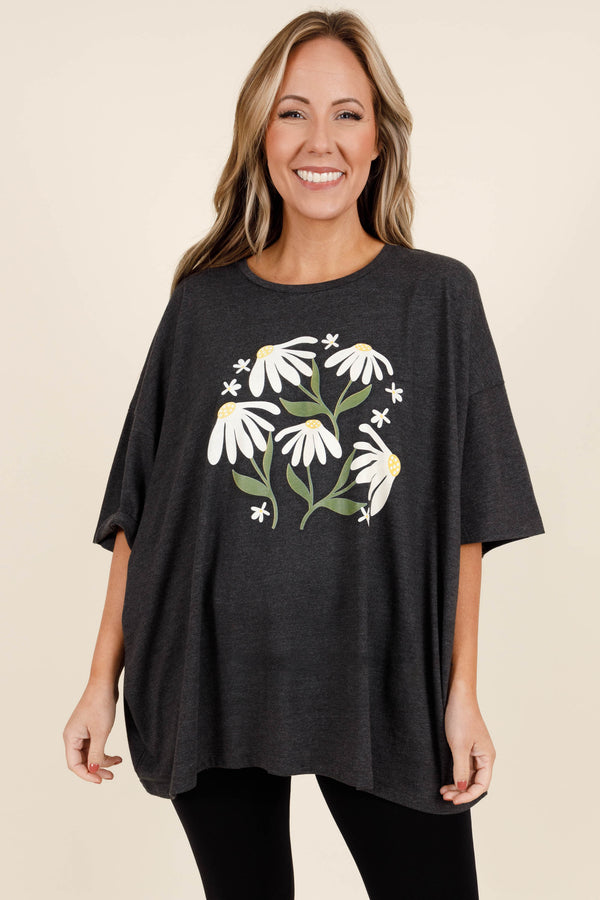 Chic Soul plus size clothing, charcoal oversized boyfriend t shirt with daisies graphic