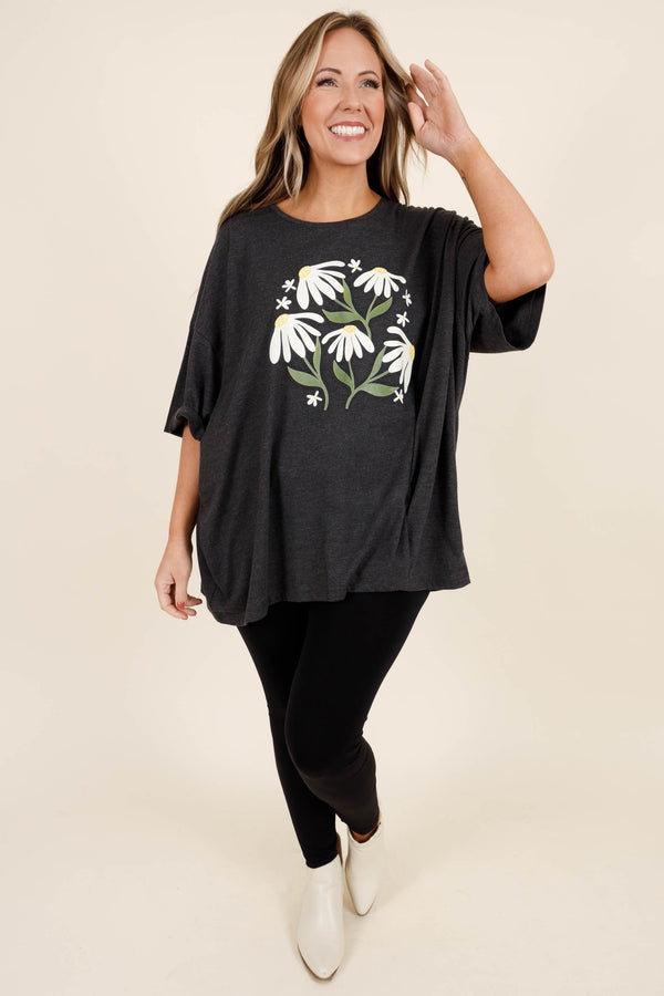 Chic Soul plus size clothing, charcoal oversized boyfriend t shirt with daisies graphic