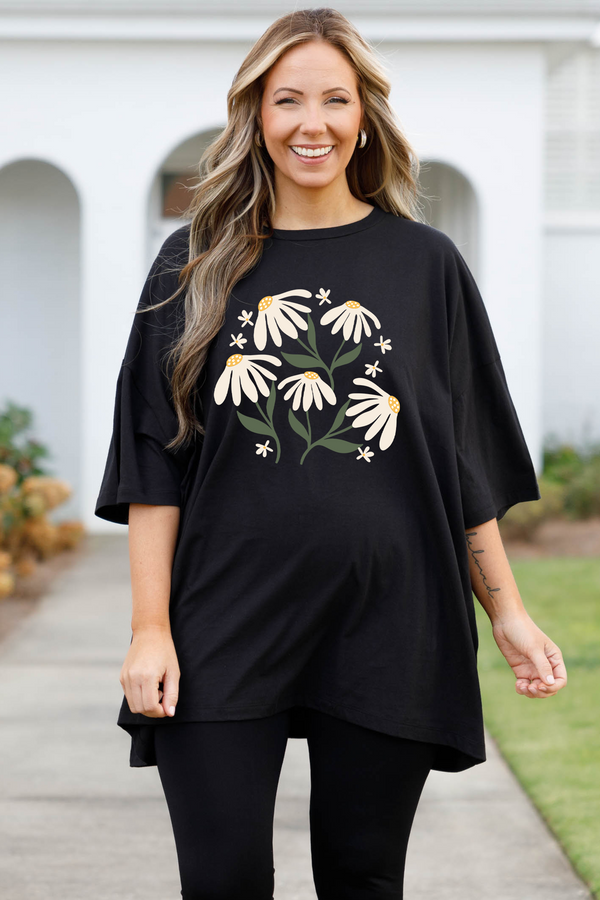Chic Soul plus size clothing, black boyfriend tee with daisy graphic