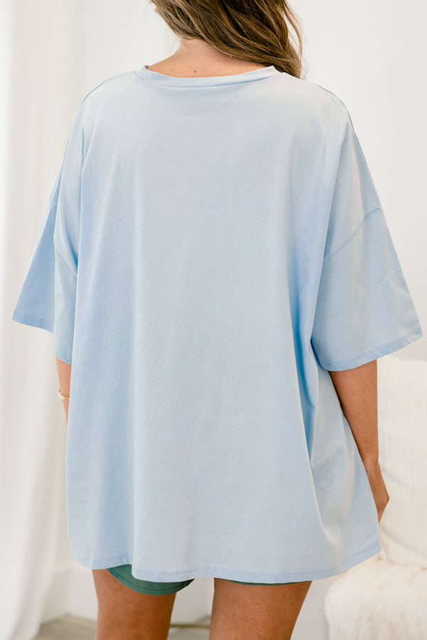 Chic Soul plus size clothing, short-sleeve ash blue boyfriend tee with a high-scoop-neckline and a floral graphic of a smiley face outlined in ash blue 