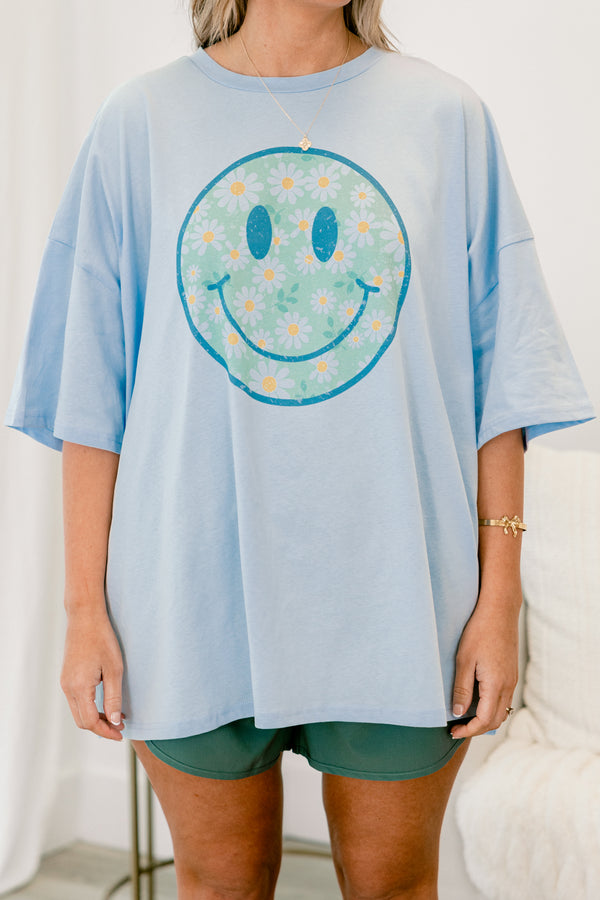 Chic Soul plus size clothing, short-sleeve ash blue boyfriend tee with a high-scoop-neckline and a floral graphic of a smiley face outlined in ash blue 