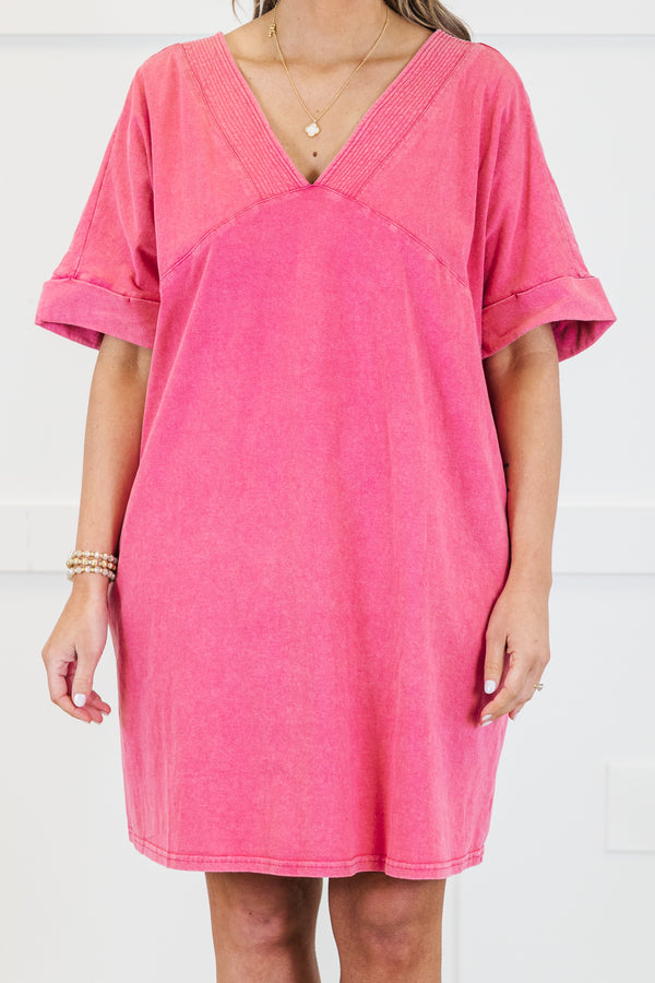 Chic Soul plus size clothing, short-sleeve hot pink t-shirt dress with a v-neckline and subtle mineral wash detailing 