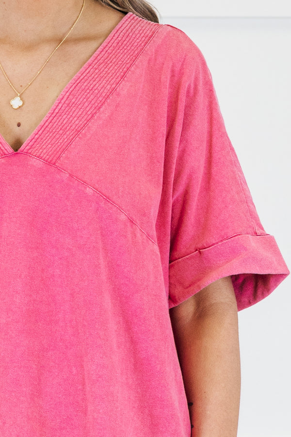 Chic Soul plus size clothing, short-sleeve hot pink t-shirt dress with a v-neckline and subtle mineral wash detailing 