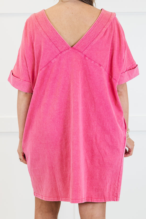 Chic Soul plus size clothing, short-sleeve hot pink t-shirt dress with a v-neckline and subtle mineral wash detailing 