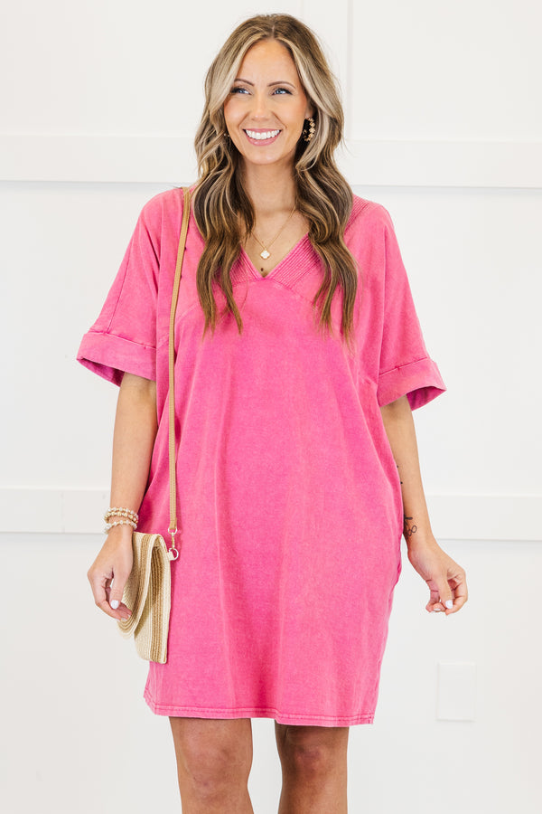 Chic Soul plus size clothing, short-sleeve hot pink t-shirt dress with a v-neckline and subtle mineral wash detailing 