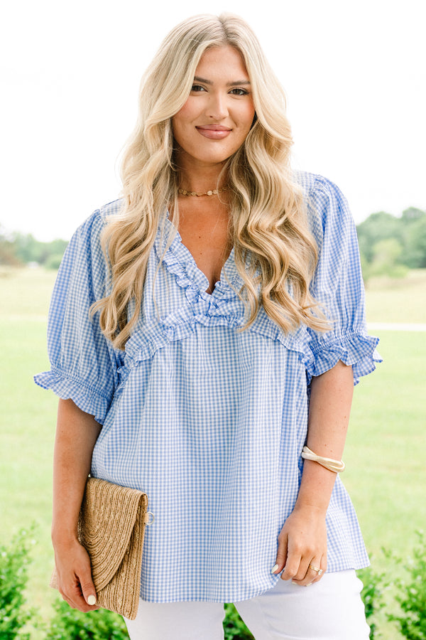 Chic Soul plus size clothing, light blue gingham short bubble sleeve v-neck top with ruffle trim around neckline and bust
