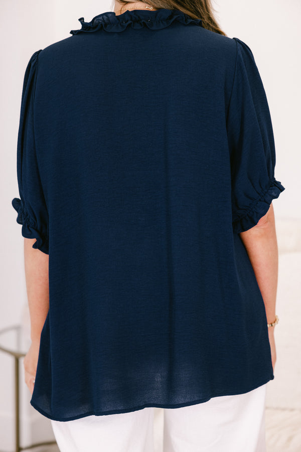 Chic soul plus size clothing, navy top with a v-neck and ruffles at the end of the sleeves and along the neckline 