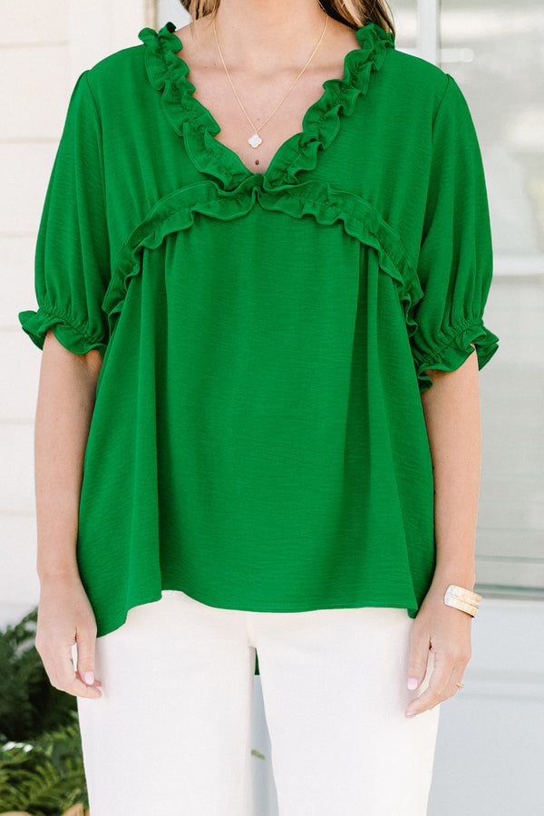 Chic Soul plus size clothing, green short puff sleeve top with frilly v-neck 
