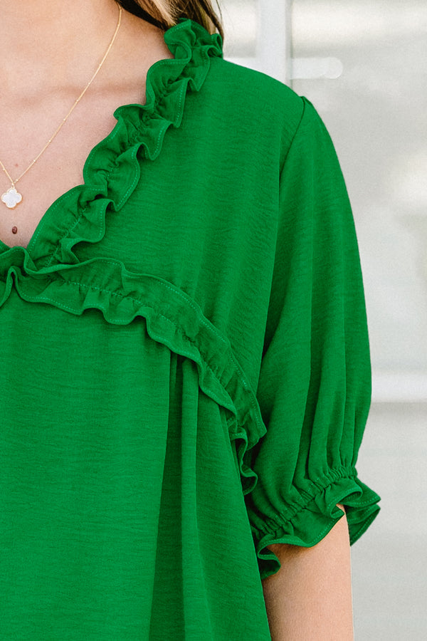 Chic Soul plus size clothing, green short puff sleeve top with frilly v-neck 