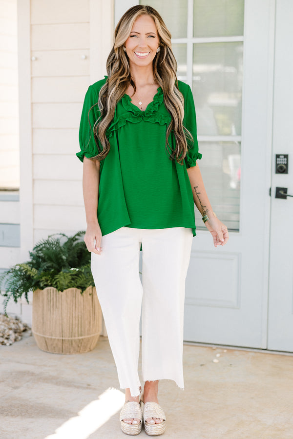 Chic Soul plus size clothing, green short puff sleeve top with frilly v-neck 