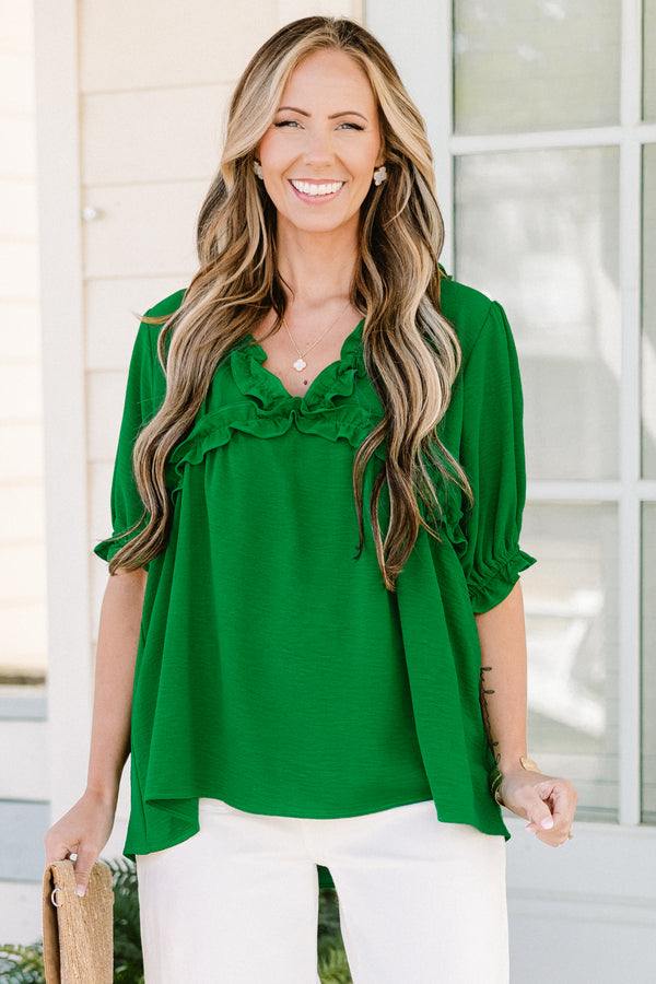 Chic Soul plus size clothing, green short puff sleeve top with frilly v-neck 