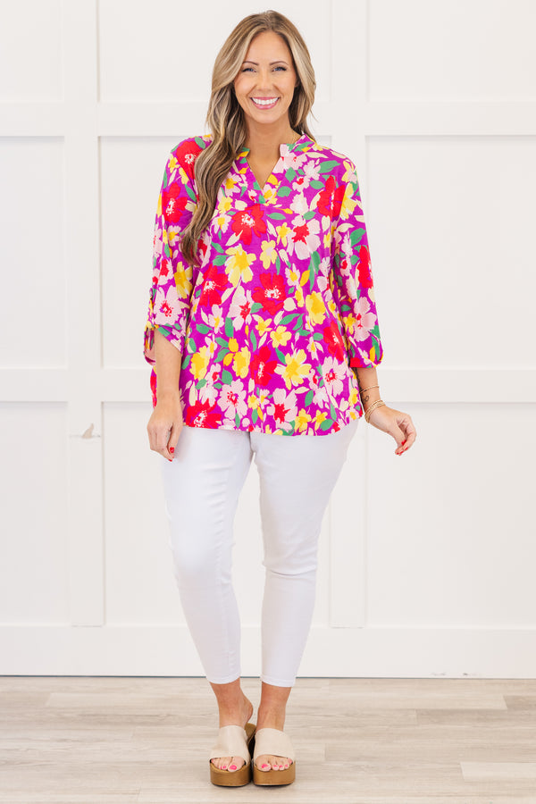 Chic Soul plus size clothing, quarter-sleeve magenta multi-colored top with a split-v-neckline and a magenta multi-colored floral print 