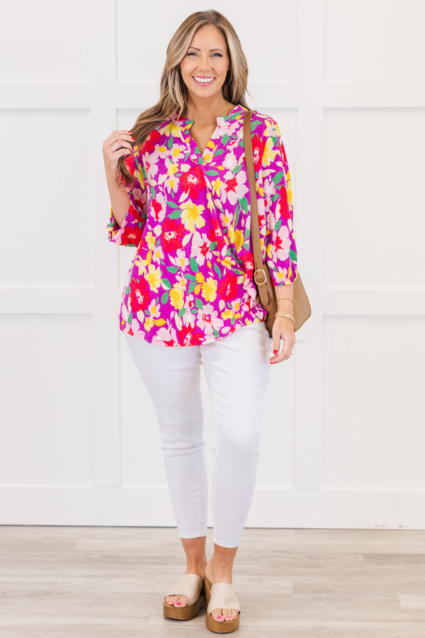 Chic Soul plus size clothing, quarter-sleeve magenta multi-colored top with a split-v-neckline and a magenta multi-colored floral print 