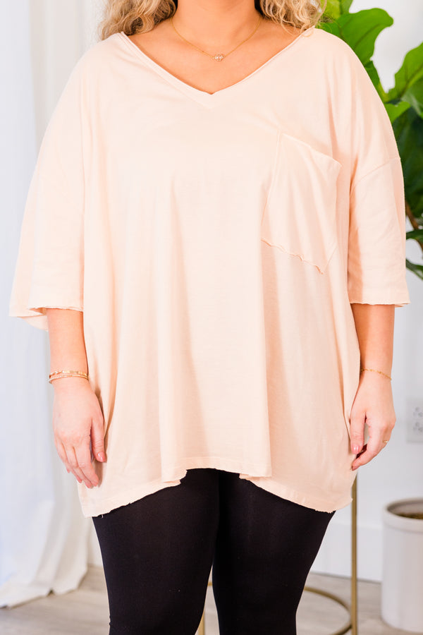 Chic Soul plus size clothing, cream peach top with short sleeves, v-neckline, and left chest pocket