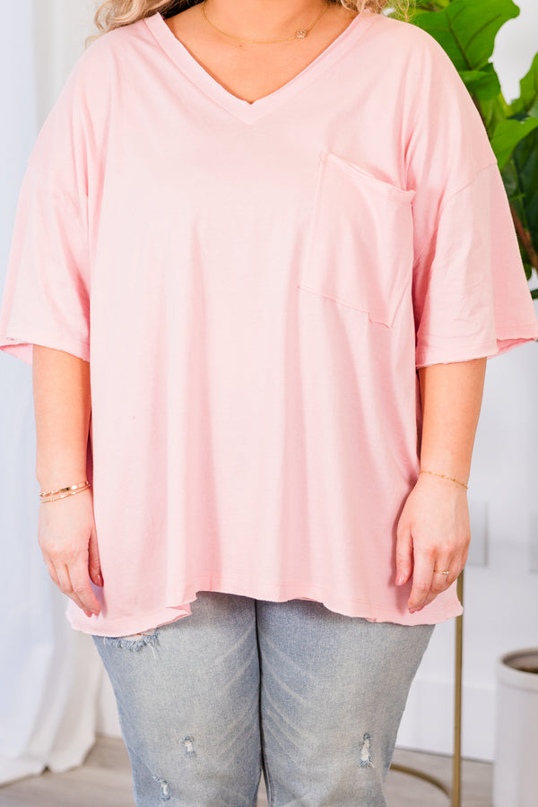 Chic Soul plus size clothing, dusty pink top with short sleeves, v-neckline, and left chest pocket