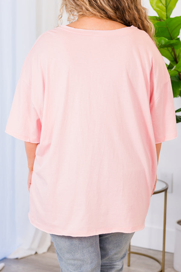 Chic Soul plus size clothing, dusty pink top with short sleeves, v-neckline, and left chest pocket