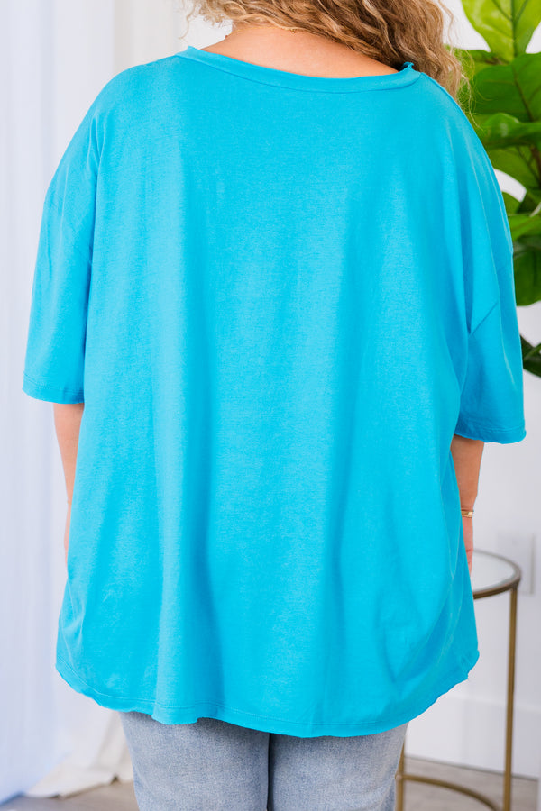 Chic Soul plus size clothing, ice blue top with short sleeves, v-neckline, and left chest pocket