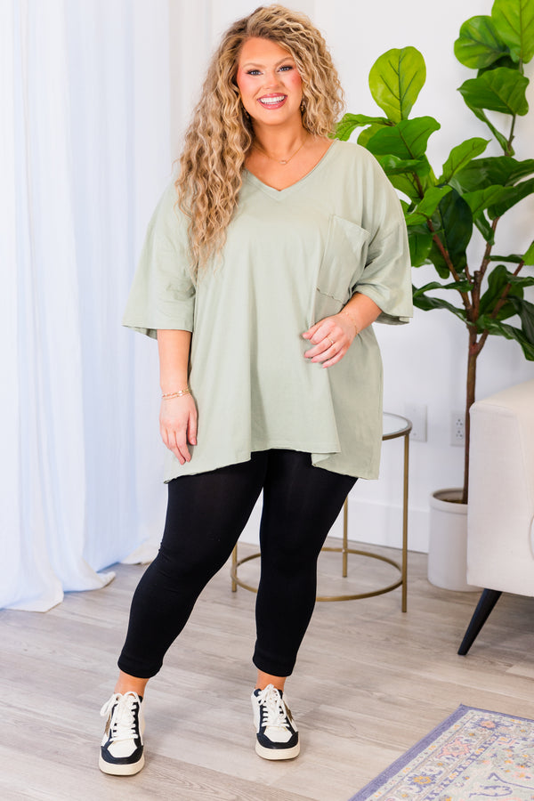 Chic Soul plus size clothing, light sage top with short sleeves, v-neckline, and left chest pocket