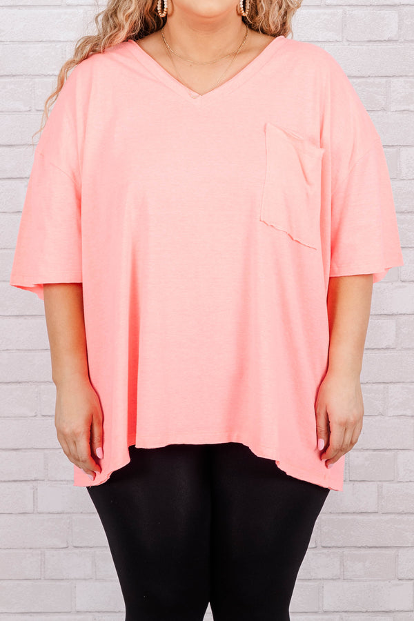 Chic Soul plus size clothing, Neon coral pink short sleeve top with v-neckline and left chest pocket