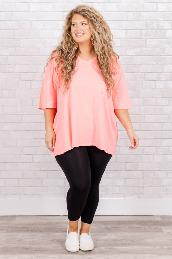 Chic Soul plus size clothing, Neon coral pink short sleeve top with v-neckline and left chest pocket