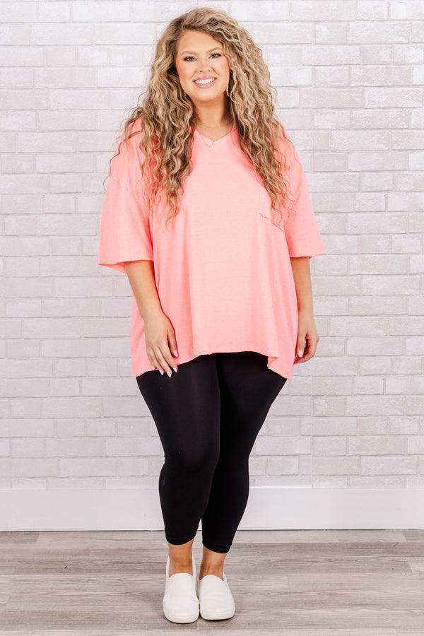 Chic Soul plus size clothing, Neon coral pink short sleeve top with v-neckline and left chest pocket