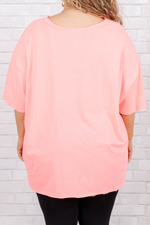 Chic Soul plus size clothing, Neon coral pink short sleeve top with v-neckline and left chest pocket