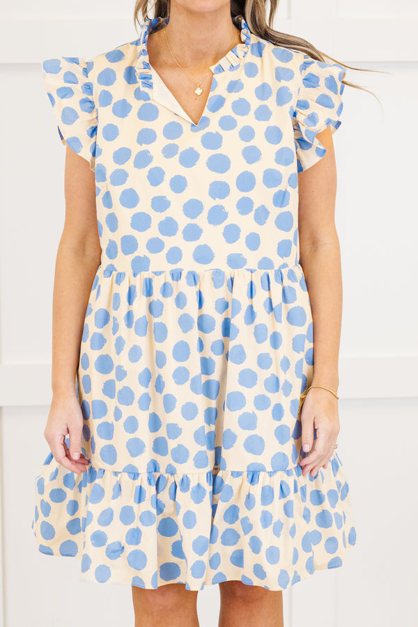Chic Soul plus size clothing, blue dotted short sleeve tiered mini dress with v neckline with ruffle sleeve detail