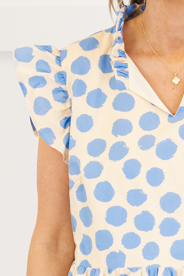Chic Soul plus size clothing, blue dotted short sleeve tiered mini dress with v neckline with ruffle sleeve detail