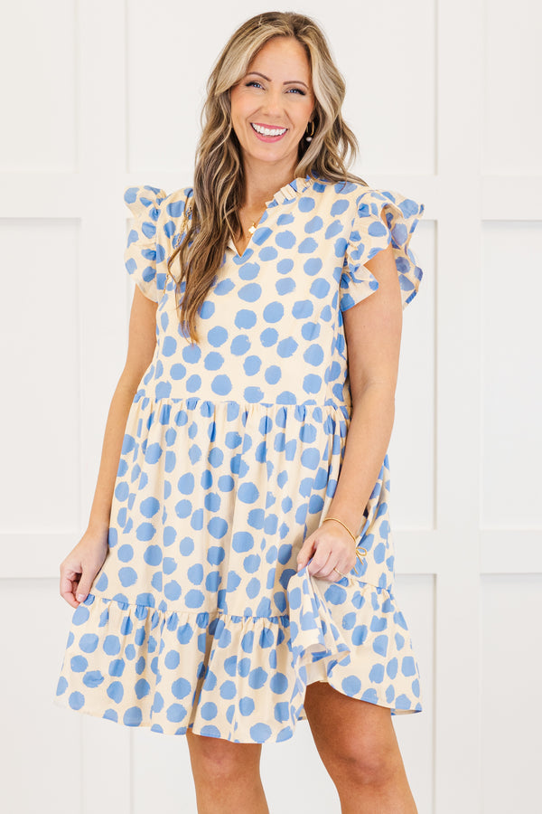 Chic Soul plus size clothing, blue dotted short sleeve tiered mini dress with v neckline with ruffle sleeve detail