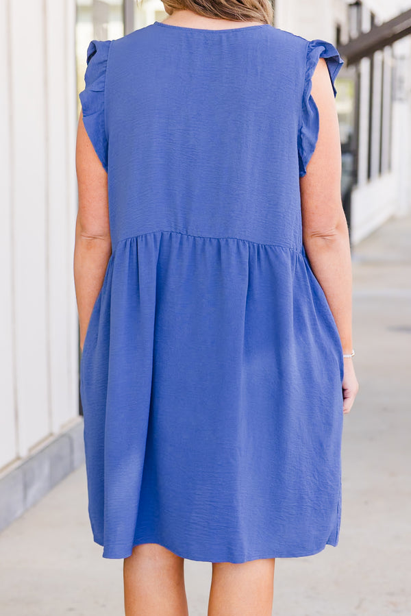 Chic Soul plus size clothing, vintage navy short sleeve mini babydoll dress with ruffle sleeves and v neckline with pockets