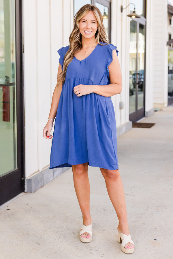 Chic Soul plus size clothing, vintage navy short sleeve mini babydoll dress with ruffle sleeves and v neckline with pockets