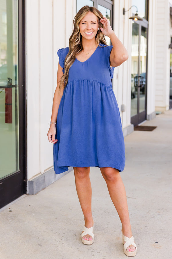 Chic Soul plus size clothing, vintage navy short sleeve mini babydoll dress with ruffle sleeves and v neckline with pockets