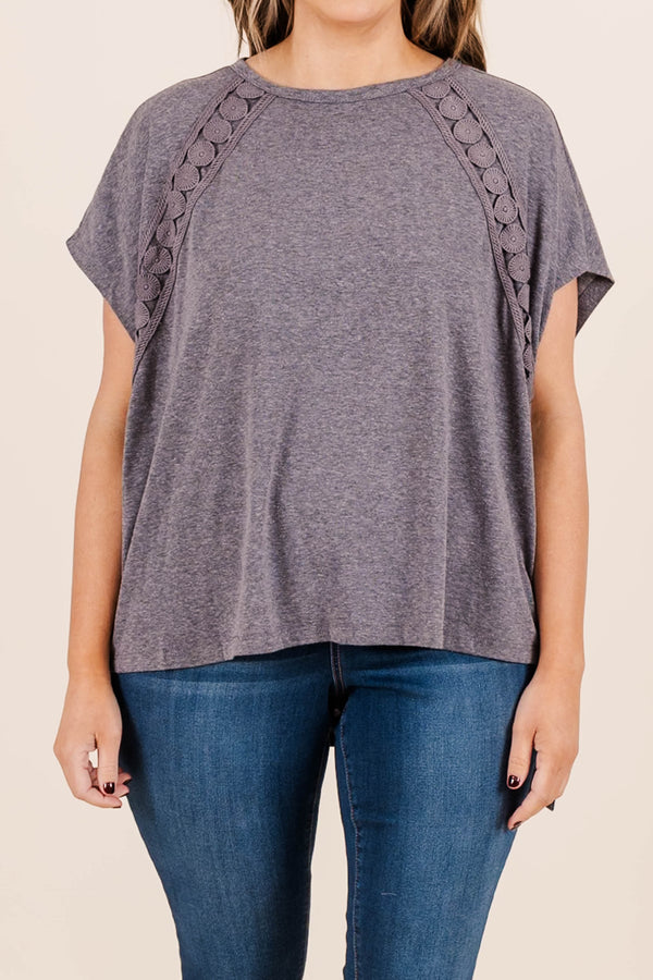 Chic Soul plus size clothing, neutral color short sleeve top with floral embroidery near the sleeves