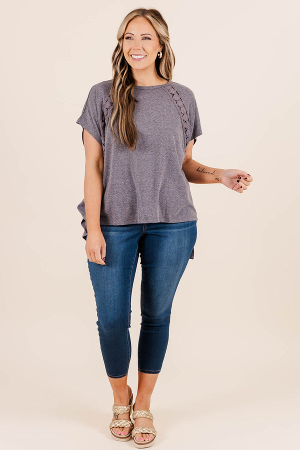 Chic Soul plus size clothing, neutral color short sleeve top with floral embroidery near the sleeves