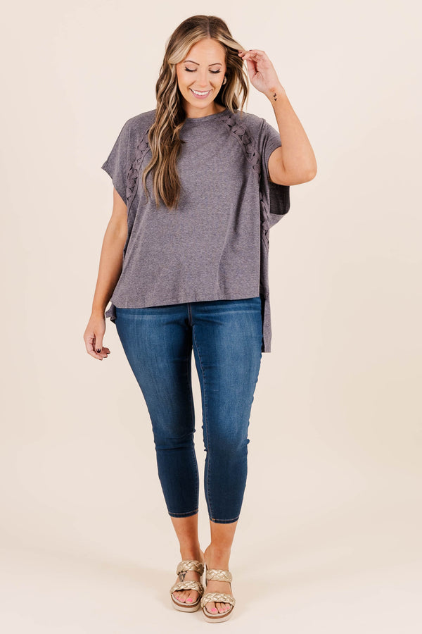 Chic Soul plus size clothing, neutral color short sleeve top with floral embroidery near the sleeves