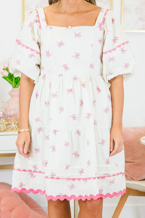 Chic Soul plus size clothing, white babydoll style dress with pink bow pattern and pink lace details and puff sleeves with a square neckline