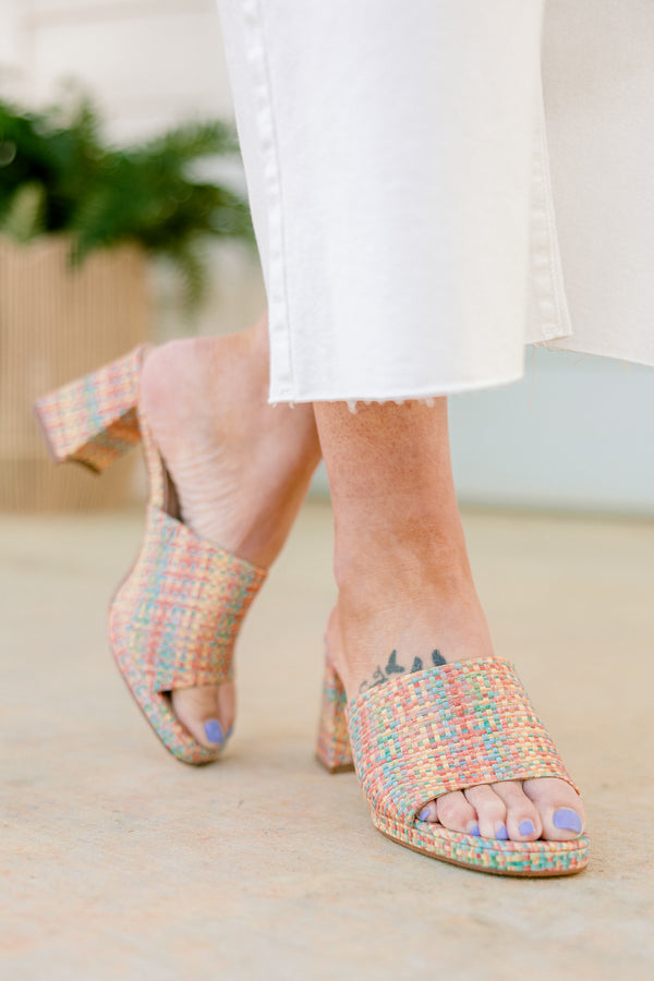 Chic Soul plus size clothing, pink tweed multi color block heels with large strap on the front with thick block heel
