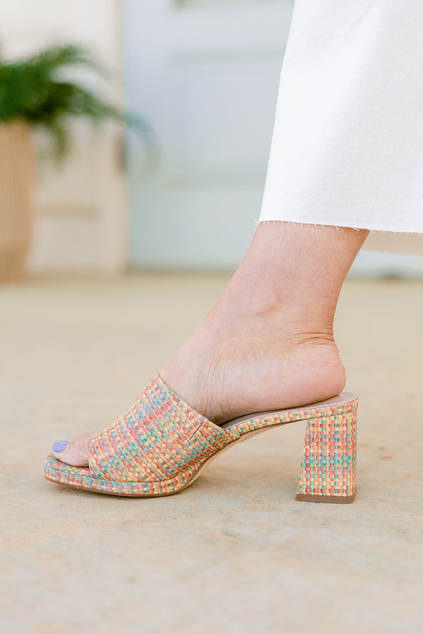 Chic Soul plus size clothing, pink tweed multi color block heels with large strap on the front with thick block heel