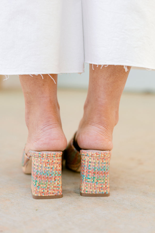 Chic Soul plus size clothing, pink tweed multi color block heels with large strap on the front with thick block heel