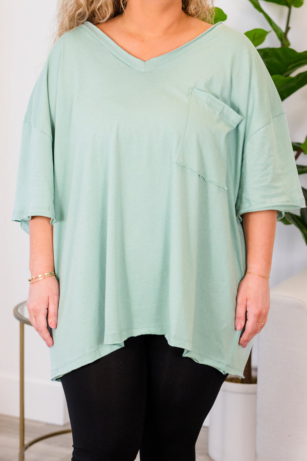 Chic Soul plus size clothing, dusty green top with short sleeves, v-neckline, and left chest pocket