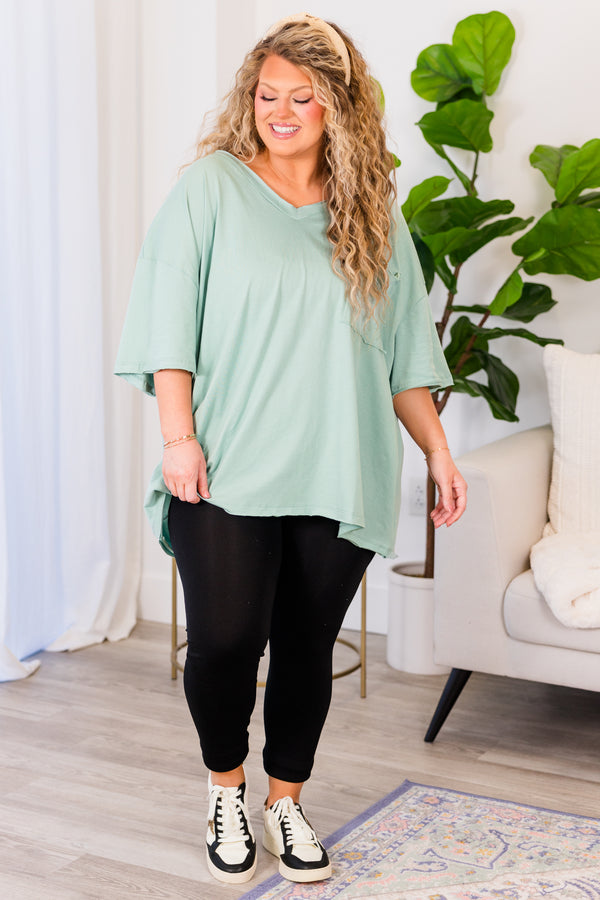 Chic Soul plus size clothing, dusty green top with short sleeves, v-neckline, and left chest pocket