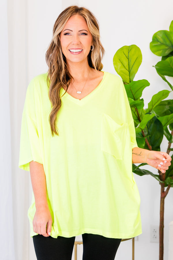 Chic Soul plus size clothing, neon lime top with short sleeves, v-neckline, and left chest pocket