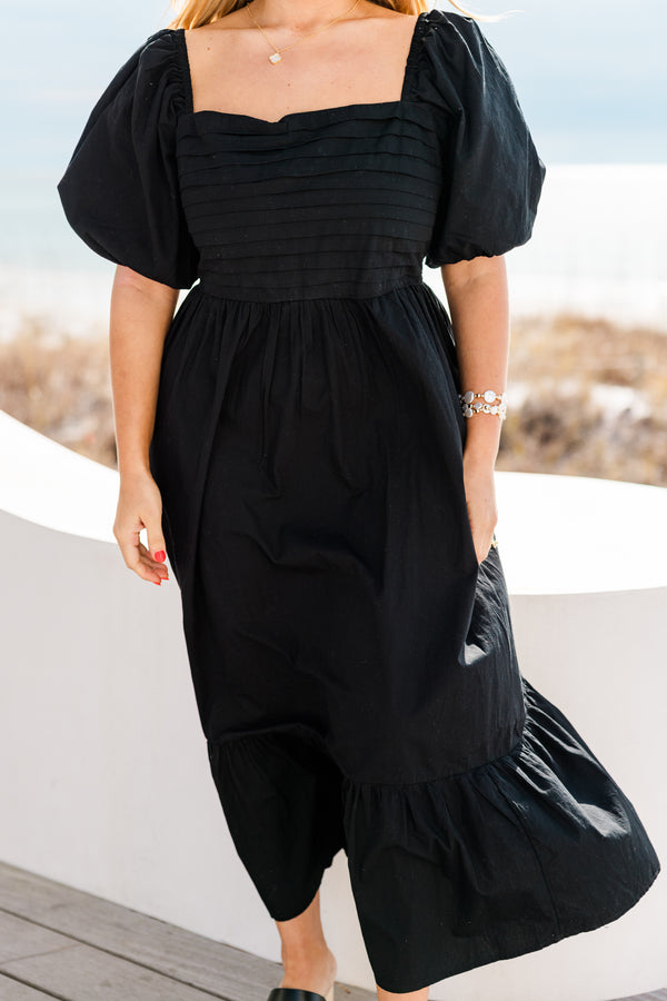 Chic Soul plus size clothing, short-puffed-sleeve black midi dress with a square neckline and a pleated bust and a smocked back 