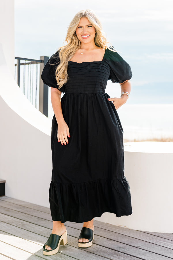 Chic Soul plus size clothing, short-puffed-sleeve black midi dress with a square neckline and a pleated bust and a smocked back 