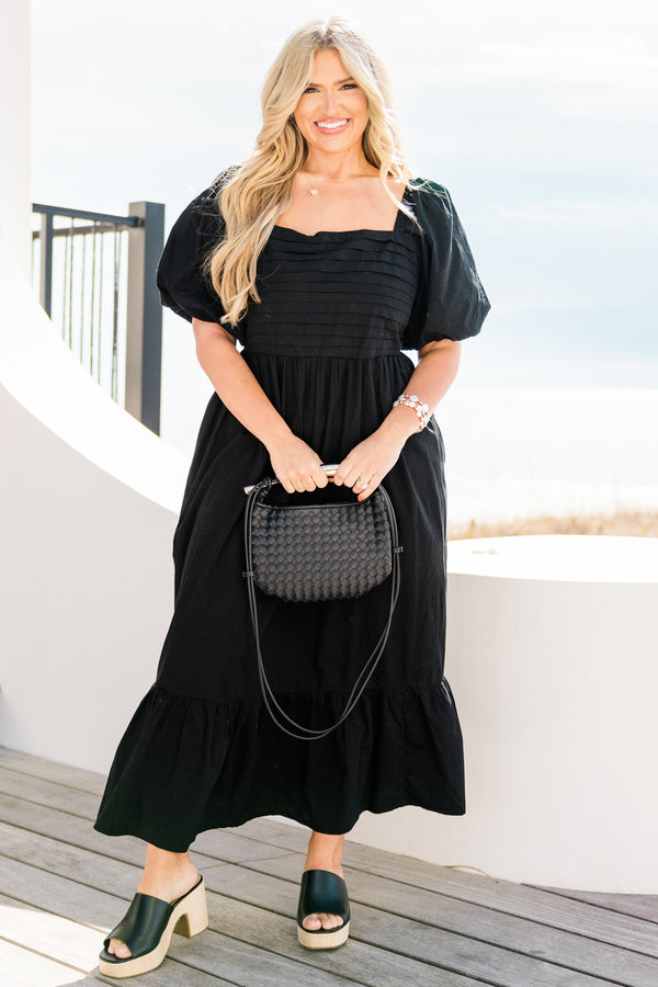 Chic Soul plus size clothing, short-puffed-sleeve black midi dress with a square neckline and a pleated bust and a smocked back 