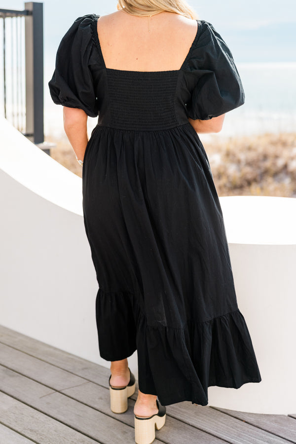Chic Soul plus size clothing, short-puffed-sleeve black midi dress with a square neckline and a pleated bust and a smocked back 