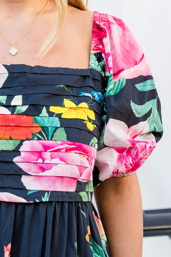 Chic Soul plus size clothing, black large multi floral print short sleeve maxi dress with pleated chest detail with square neckline and puff sleeves with flowy skirt with ruffle along the bottom