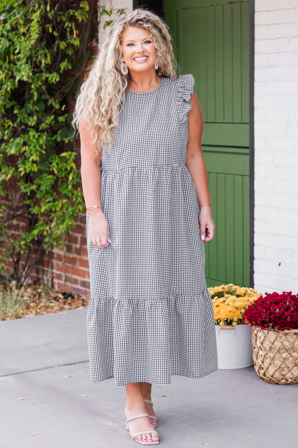 Chic Soul plus size clothing, flutter-short-sleeve black and white plaid midi dress with high-scoop-neckline and ruffled details